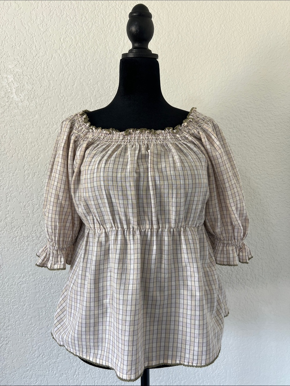 Old Navy Beige Plaid Smocked Peasant Blouse